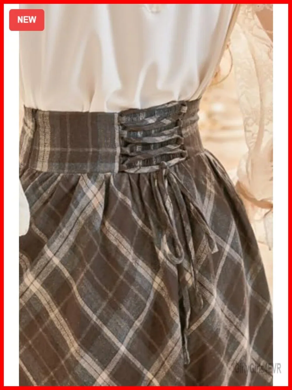 Plaid Maxi Skirt A-Line High Rise Lace-Up Cottagecore Victorian